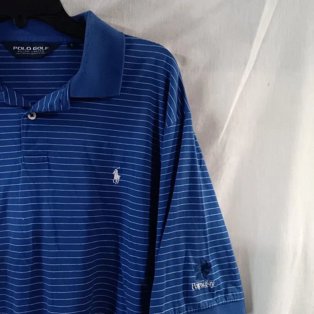 Ralph Lauren Polo Golf Shirt Blue Striped Size Lg 100% Cotton Hawaiian Poipu Bay